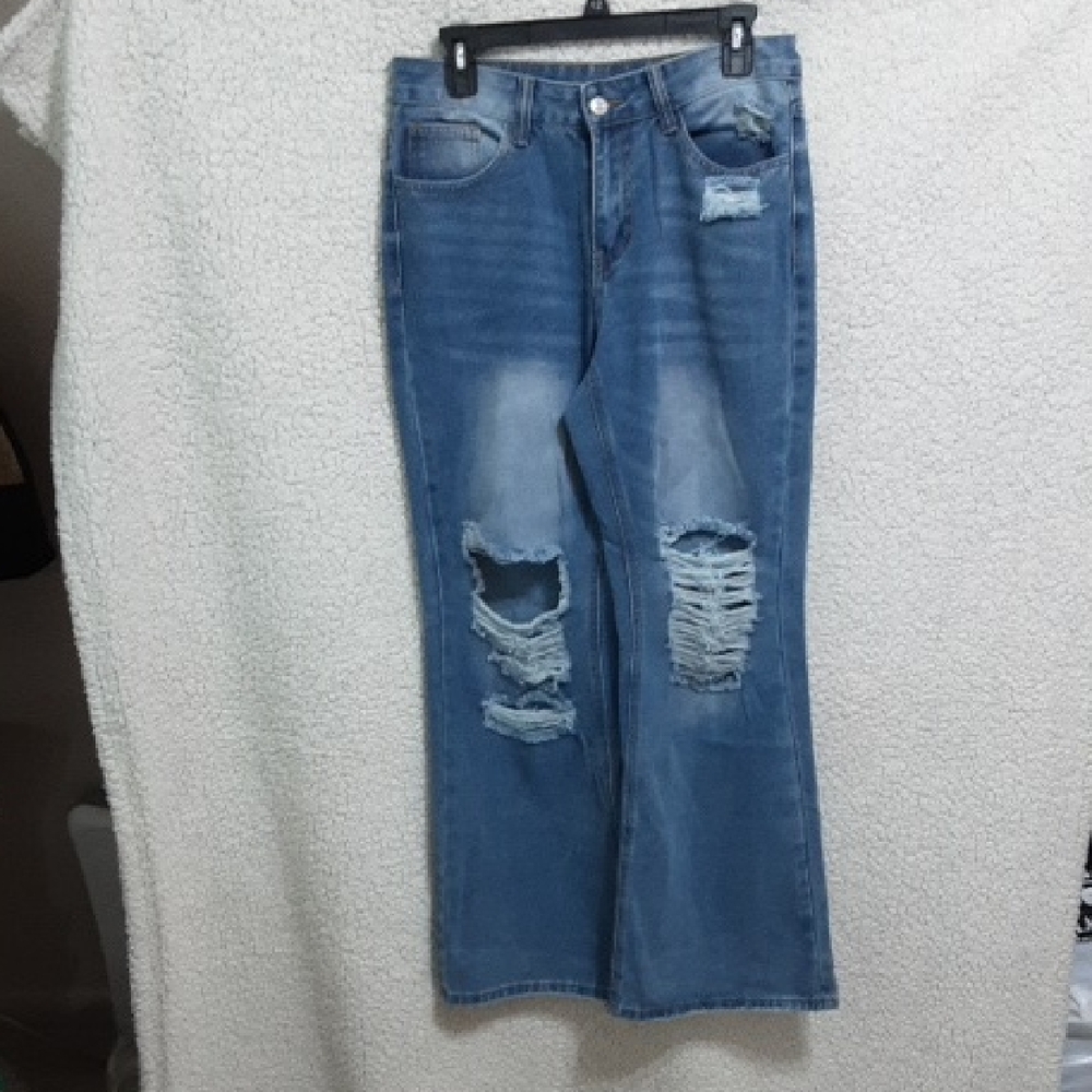 Women's Distressed Blue Jeans - High Waist Casual Style